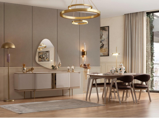 Designerski zestaw mebli drewnianych do jadalni Beżowy Stół obiadowy 4X Krzesła Kredens