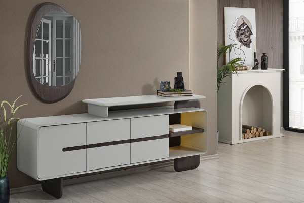 Biały kredens, luksusowy, błyszczący, designerski zestaw Kredens Noble, 2-częściowy zestaw