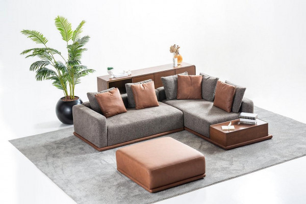 Zestaw wypoczynkowy do salonu Szara Sofa w kształcie litery L Brązowa Stołek Luxury Meble