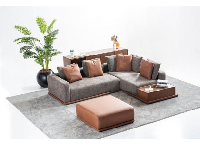 Zestaw wypoczynkowy do salonu Szara Sofa w kształcie litery L Brązowa Stołek Luxury Meble