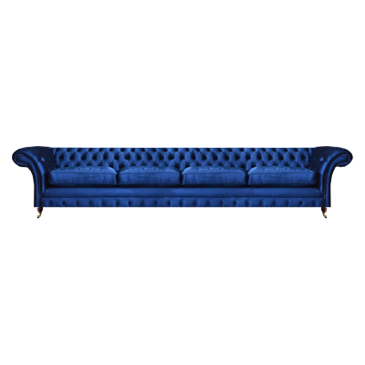 Luksusowa nowoczesna sofa czteroosobowa w kolorze niebieskim Chesterfield do salonu.