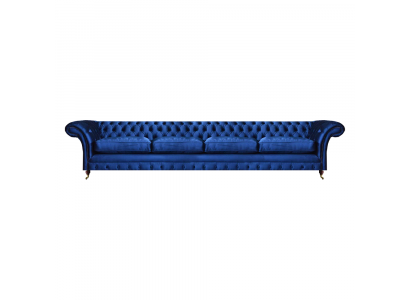 Luksusowa nowoczesna sofa czteroosobowa w kolorze niebieskim Chesterfield do salonu.