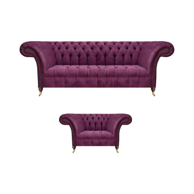Zestaw luksusowy 2 elementowy do salonu - kanapa trzyosobowa, sofa, fotel Chesterfield.