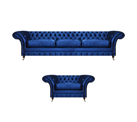 Zestaw luksusowych mebli tapicerowanych, 2-częściowy zestaw sof: trzyosobowa sofa i fotel Chesterfield, nowe.
