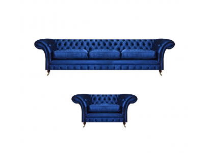 Zestaw luksusowych mebli tapicerowanych, 2-częściowy zestaw sof: trzyosobowa sofa i fotel Chesterfield, nowe.