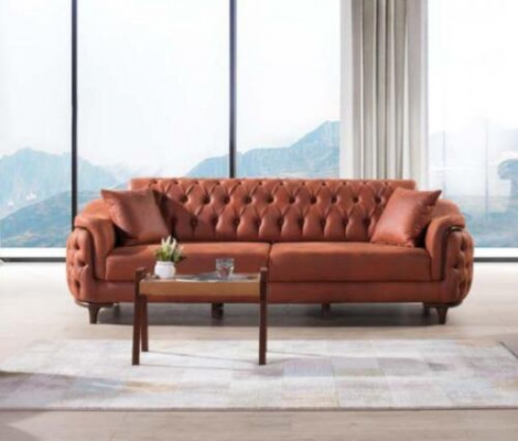 Pomarańczowa Sofa Chesterfield Sofa Trzyosobowa Meble Aksamit Drewno Podkładka na siedzisko