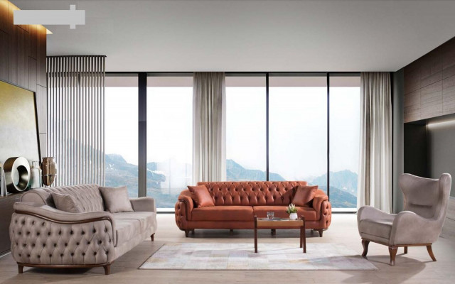 Pomarańczowa Sofa Chesterfield Sofa Trzyosobowa Meble Aksamit Drewno Podkładka na siedzisko