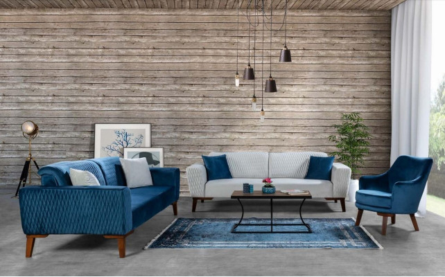 Niebieska kanapa Sofa trzyosobowa Elegancki salon Aksamit