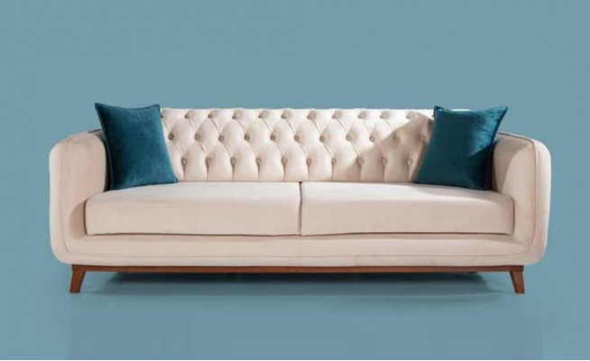 Sofa Trzyosobowa Sofa Tapicerowana Materiał Meble Beżowy Biały Aksamit