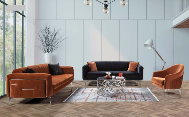 Pomarańczowa Sofa Kanapa Aksamit Trzyosobowa Luksusowa Meble Materiałowe Włókienniczy