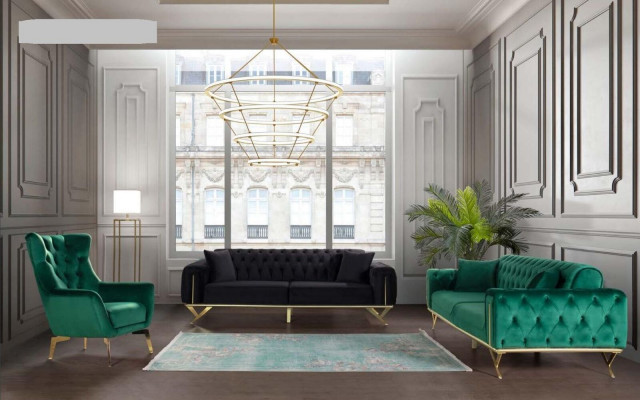 Czarna Kanapa Chesterfield Sofa Trzyosobowa z Poduszką Aksamit Drewno