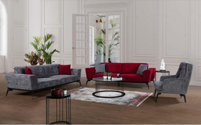 Nowoczesna Sofa 3 miejsce do siedzenia Włókienniczy Burgundowa Kanapa Podkładka Trzyosobowa Czerwona