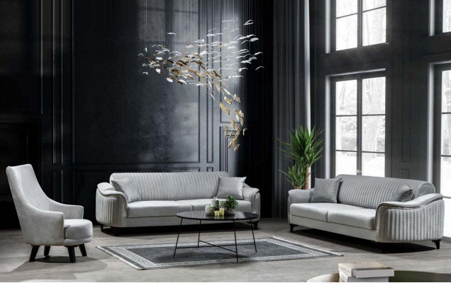 Szara Kanapa Salonowa Trzyosobowa Sofa z Poduszką Meble Aksamit Drewno