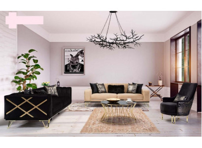 Zestaw sofowy Czarny Sofa 3+3+1 miejsce do siedzenia Fotel Elegant Metal Aksamite