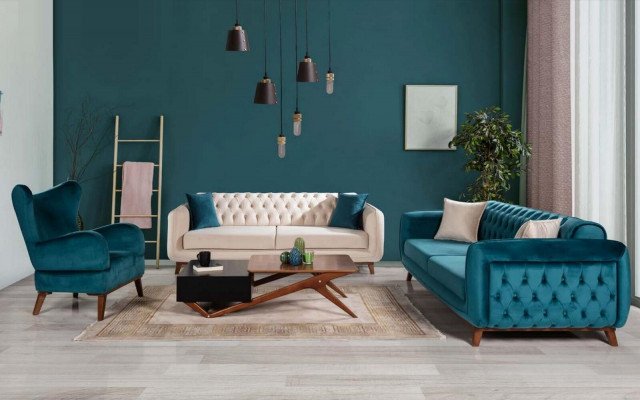 Fotel 1 miejsce siedzące Design Living Room Podkładka Drewno Modern Turkus