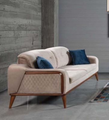 Beżowa Kanapa Salonowa Trzyosobowa Sofa z Poduszką Meble Aksamit Drewno