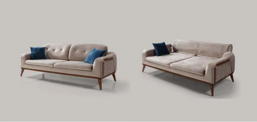 Beżowa Kanapa Salonowa Trzyosobowa Sofa z Poduszką Meble Aksamit Drewno