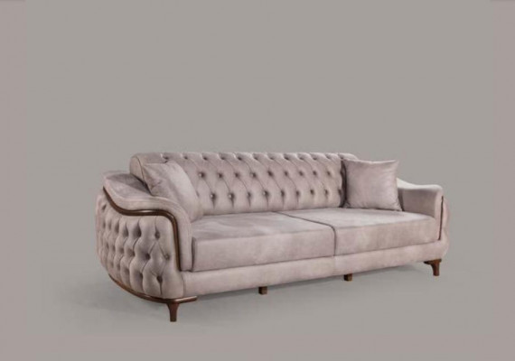 Sofa trzyosobowa Chesterfield beżowa Sofa z poduszką na siedzisko Meble Aksamit Drewno