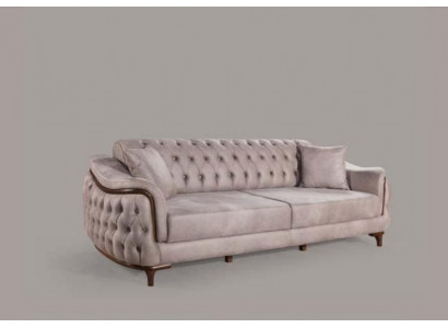 Sofa trzyosobowa Chesterfield beżowa Sofa z poduszką na siedzisko Meble Aksamit Drewno