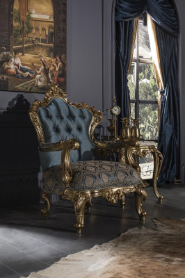 Fotel Niebieski Elegancki Salon Podkładka Materiał Design Klasyczny Luksus Piękny Nowy