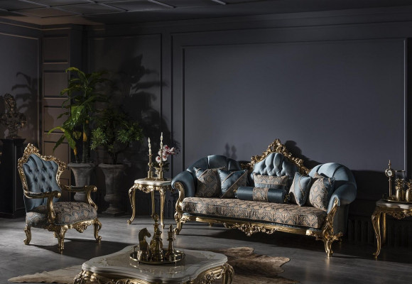 Fotel Niebieski Elegancki Salon Podkładka Materiał Design Klasyczny Luksus Piękny Nowy