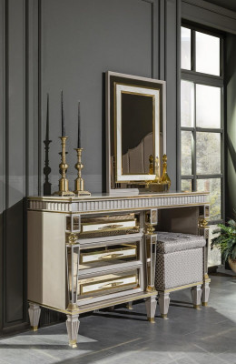 Zestaw Sypialnia Beżowy Kredens Lustro Metal Meble Design Meble 2-częściowy.
