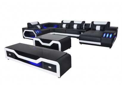 Skóra Sofy Narożnik Ustawić Design Sofa Żywy krajobraz + Kanapa Tabela + RTV USB Nowość