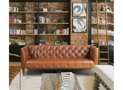 Sofa Men Club Chesterfield Skóra Podkładka Trzyosobowa Brązowa