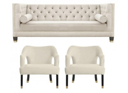 Beżowa sofa Chesterfield z weluru, zestaw mebli do salonu, kanapy i sofy, 3-osobowa.