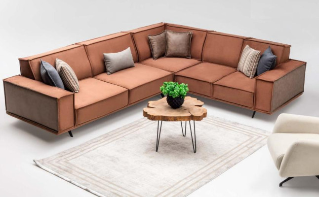 Sofa w kształcie litery L z tkaniną w kolorze brązowym, nowoczesne tkaniny.