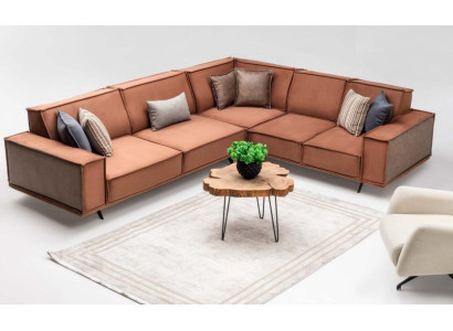 Sofa w kształcie litery L z tkaniną w kolorze brązowym, nowoczesne tkaniny.