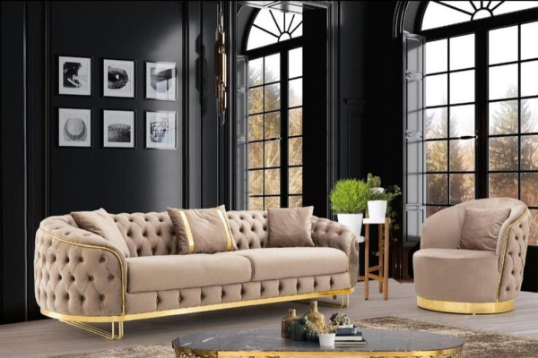 Designerski Zestaw do Salonu 3-miejsce siedzące Sofa I Fotel Beżowy Kolor 2-częściowy. nowy