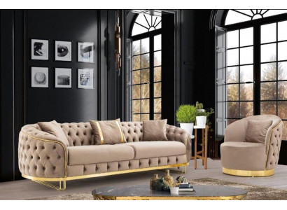 Designerski Zestaw do Salonu 3-miejsce siedzące Sofa I Fotel Beżowy Kolor 2-częściowy. nowy