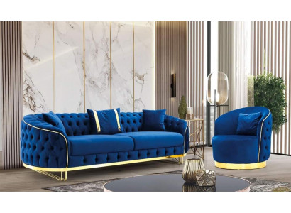 Designerski Zestaw do Salonu Niebieski Kolor z 3-miejsce siedzące Sofa I Fotel 2-częściowy.