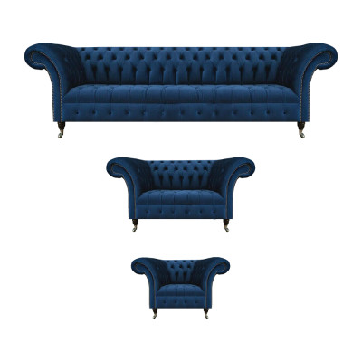 Kompletne ciemnoniebieskie fotele Chesterfield, designerski fotel 4 osobowy 3-elementowy.