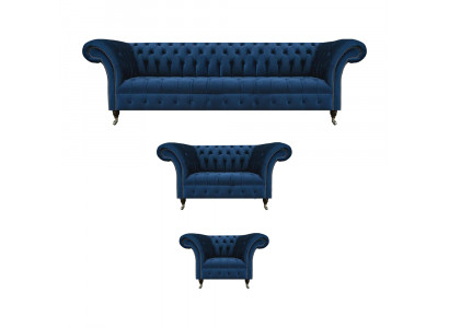 Kompletne ciemnoniebieskie fotele Chesterfield, designerski fotel 4 osobowy 3-elementowy.