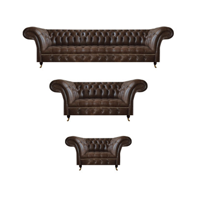 Brązowa zestaw wypoczynkowy Chesterfield wykonany z skóry, zestaw do salonu z sofami.