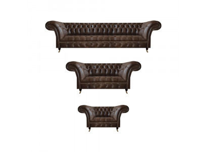 Brązowa zestaw wypoczynkowy Chesterfield wykonany z skóry, zestaw do salonu z sofami.
