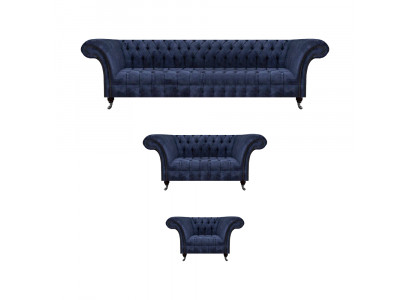 Salon niebieskie sofy Chesterfield, meble designerskie kanapy zestaw do salonu.