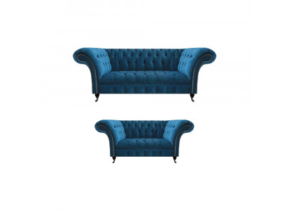 Elegancki zestaw wypoczynkowy Chesterfield Niebieskie sofy do salonu