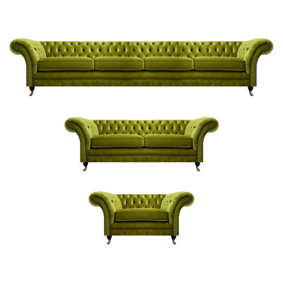 Oliwkowe sofy Chesterfield, nowoczesny zestaw wypoczynkowy, fotel ze schodkiem, dwuosobowa sofa