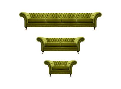 Oliwkowe sofy Chesterfield, nowoczesny zestaw wypoczynkowy, fotel ze schodkiem, dwuosobowa sofa