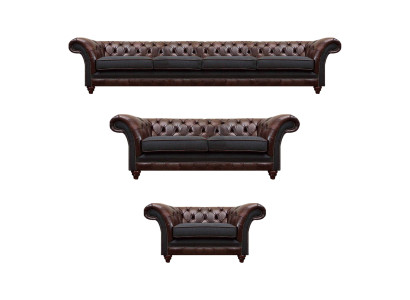 Brązowo-szare kanapy Chesterfield, fotele, kompletny zestaw mebli do salonu, 3 elementy