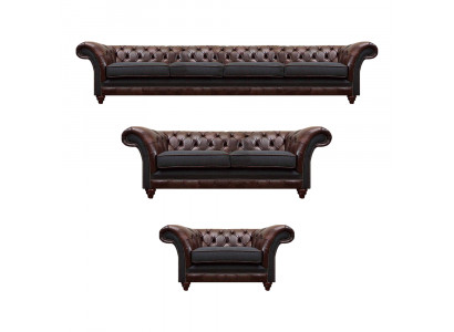 Brązowo-szare kanapy Chesterfield, fotele, kompletny zestaw mebli do salonu, 3 elementy