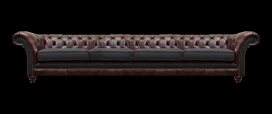 Brazowa sofa Chesterfield z skóry, projekt czteromiejscowy, salon luksusowych sof.