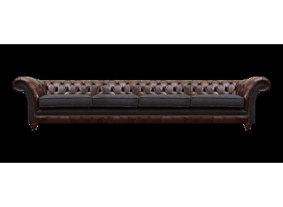 Brazowa sofa Chesterfield z skóry, projekt czteromiejscowy, salon luksusowych sof.