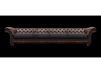 Brazowa sofa Chesterfield z skóry, projekt czteromiejscowy, salon luksusowych sof.