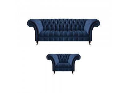 Ciemnoniebieski zestaw wypoczynkowy do salonu 3-osobowa sofa, designerskie fotele, elegancki komplet 2 elementowy