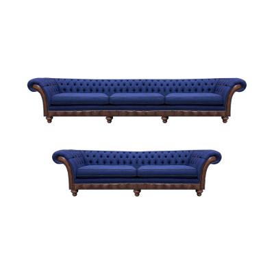 Niebieskie sofy Chesterfield z tkaniny, designerski zestaw wypoczynkowy, luksusowe meble do siedzenia.
