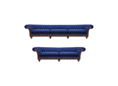 Niebieskie sofy Chesterfield z tkaniny, designerski zestaw wypoczynkowy, luksusowe meble do siedzenia.
